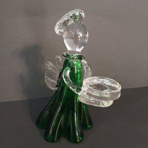 Green Glass Angel Figurine Candle Holder With Clear Halo And Wings